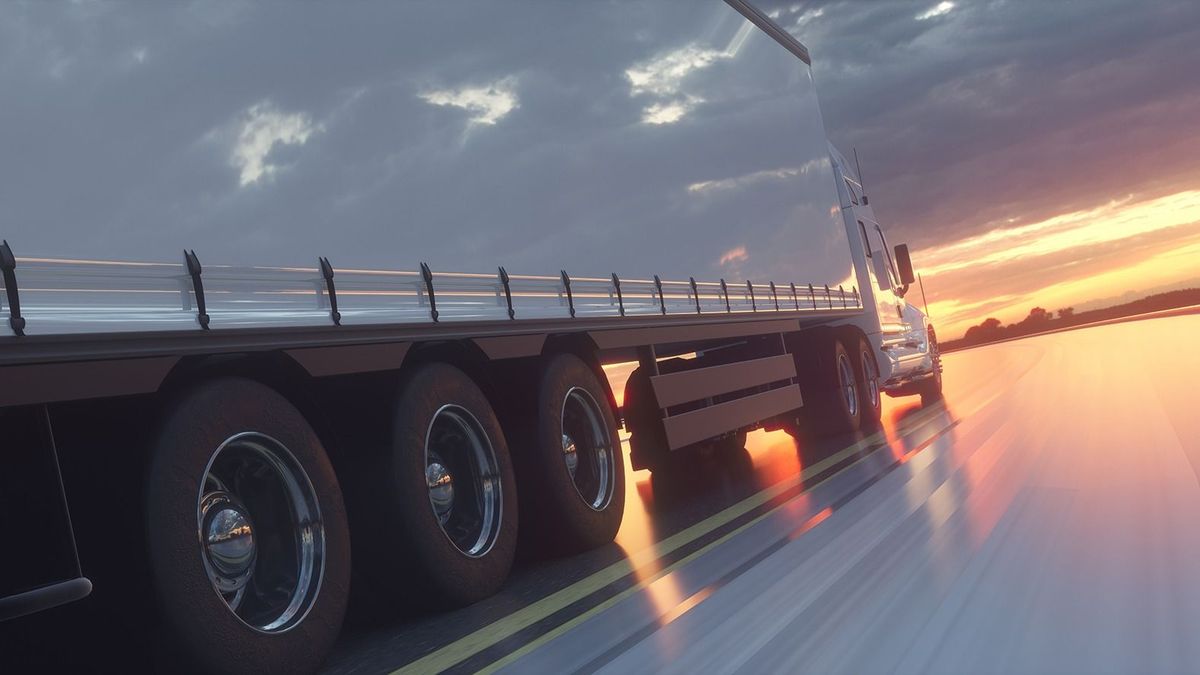 Truck,On,The,Road,,Highway.,Transports,,Logistics,Concept.,3d,Rendering.