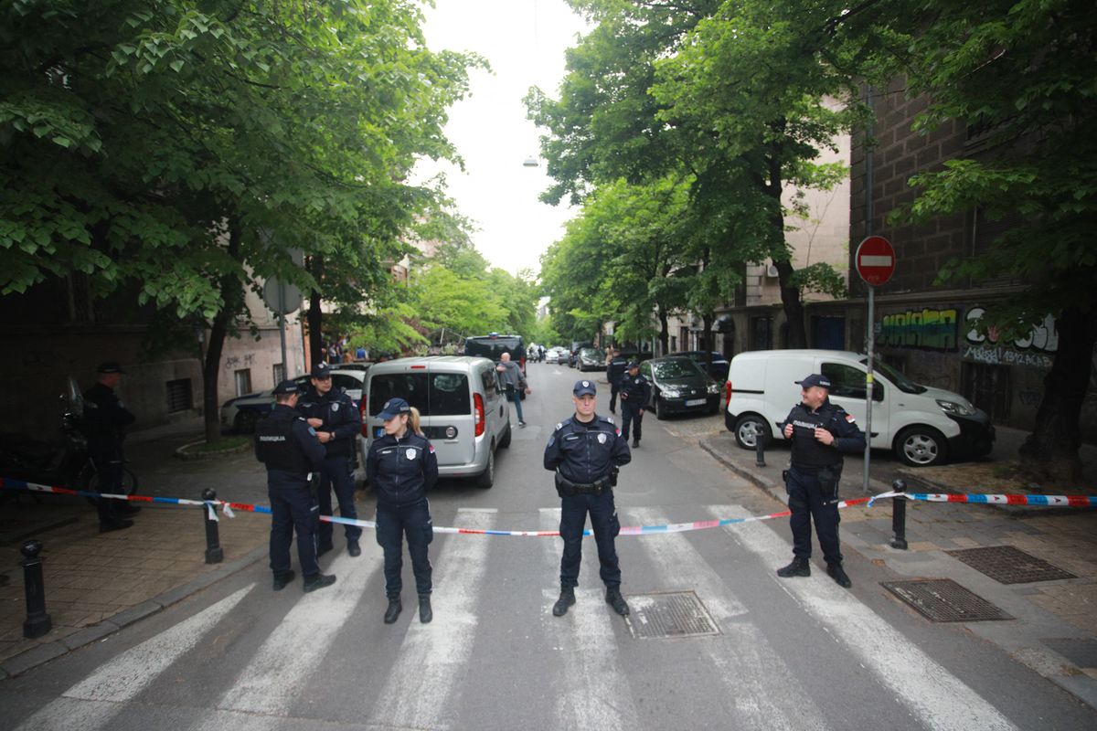 BELGRADE, SERBIA - MAY 03: Police take security measures after a 7th grade student opened fire at the school, in Belgrade, Serbia on May 03, 2023. It is reported that a security guard and nine children were killed in school. Milos Miskov / Anadolu Agency 