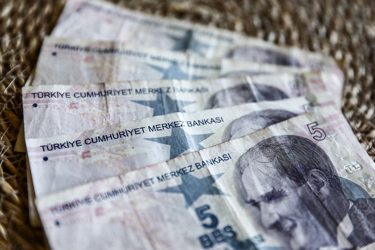 Turkish Lira Photo Illustrations
Turkish lira banknotes are seen in this illustration photo taken in Krakow, Poland on June 1, 2022. (Photo by Jakub Porzycki/NurPhoto) (Photo by Jakub Porzycki / NurPhoto / NurPhoto via AFP)