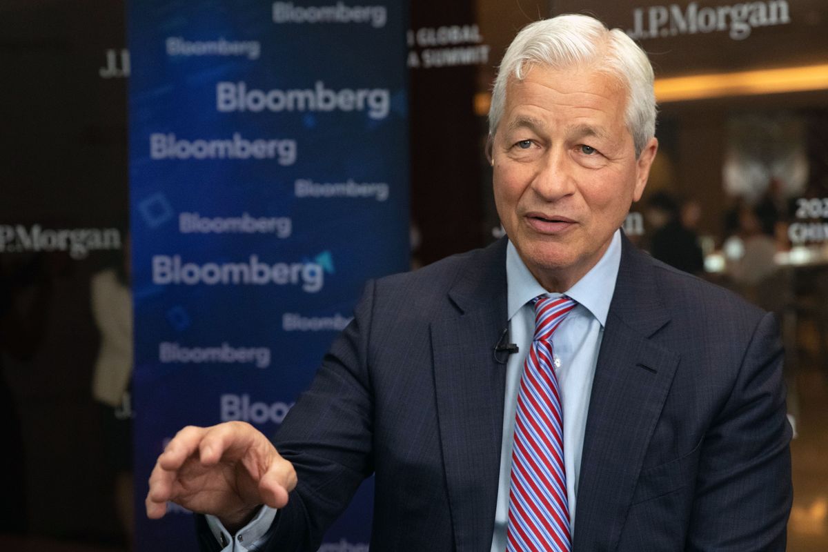 Jamie Dimon, chairman and chief executive officer of JPMorgan Chase & Co., during a Bloomberg Television interview on the sidelines of the JPMorgan Global China Summit in Shanghai, China, on Wednesday, May 31, 2023. Dimon said JPMorgan Chase & Co. will be in China in both good and bad times, remaining committed to doing business in the Communist Party-ruled nation as political tensions grow.