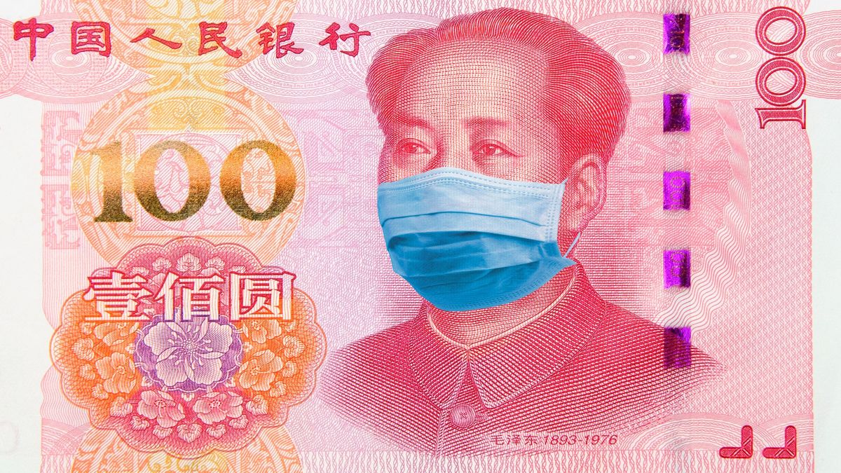 Omicron Coronavirus COVID vs Finance in China. Concept: Quarantine in China, 100 Yuan banknote with face mask. Digital montage