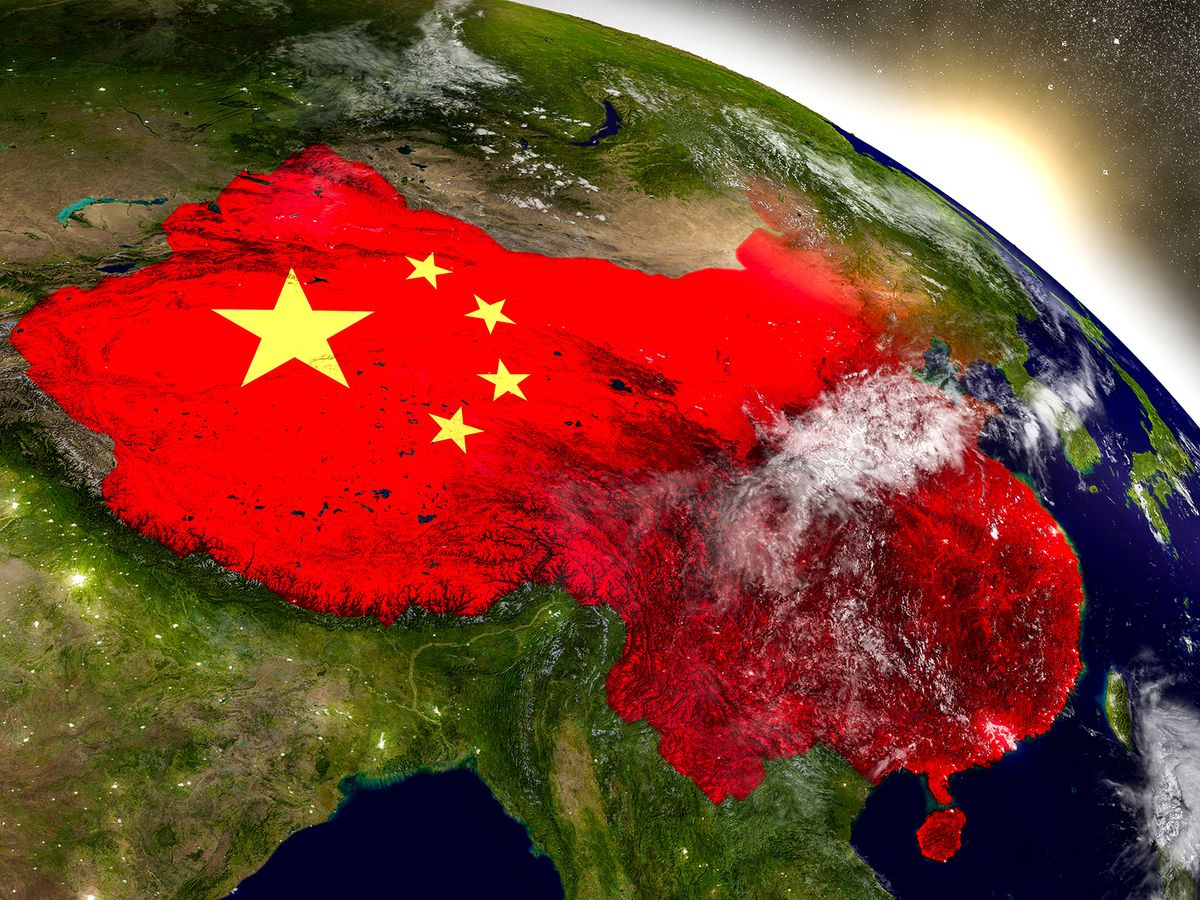 China,With,Embedded,Flag,On,Planet,Surface,During,Sunrise.,3d,
China with embedded flag on planet surface during sunrise. 3D illustration with highly detailed realistic planet surface and visible city lights. Elements of this image furnished by NASA.