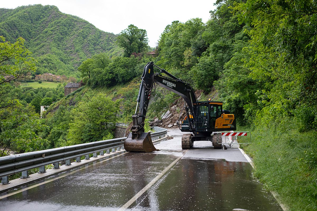 F1 Grand Prix of Emilia Romagna Cancelled Due To Flooding
IMOLA, ITALY - MAY 17: Closed road due to landslide is pictured after the F1 Grand Prix of Emilia Romagna was cancelled due to flooding on May 17, 2023 in Imola, Italy. (Photo by Rudy Carezzevoli/Getty Images)