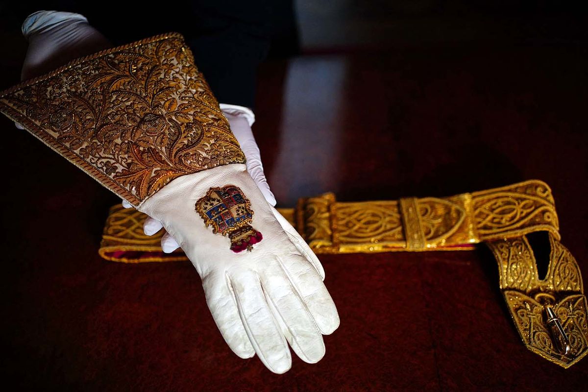King Charles III coronation
BRITAIN-ROYALS-CORONATION-KING-PREPARATIONS
EMBARGOED TO 2200 BST MONDAY MAY 1The Coronation Gauntlet glove, which forms part of the Coronation Vestments is displayed in the Throne Room at Buckingham Palace in London on April 26, 2023. - The vestments will be worn by Britain's King Charles III during his coronation at Westminster Abbey on May 6. (Photo by Victoria Jones / POOL / AFP)