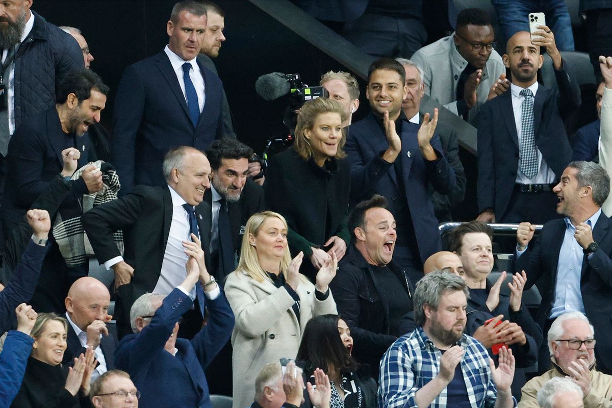 Newcastle United v Leicester City - Premier LeagueNEWCASTLE UPON TYNE, ENGLAND - MAY 22: Crown Prince Mohammed bin Salman, Mehrdad Ghodoussi, Amanda Staveley and Jamie Reuben top row Anne-Marie and Ant McPartlin and Declan Donnelly (ant & Dec) tv presenters lower row celebrate qualifying for Champions league after the Premier League match between Newcastle United and Leicester City at St. James Park on May 22, 2023 in Newcastle upon Tyne, United Kingdom. (Photo by Richard Sellers/Sportsphoto/Allstar via Getty Images)