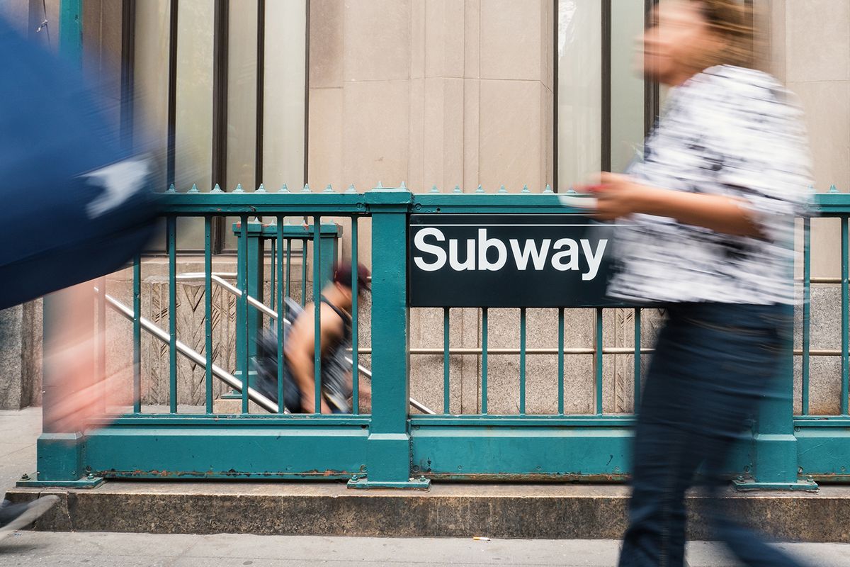 Blurred,People,Walking,In,Front,Of,Nyc,Subway,Entrance.,The