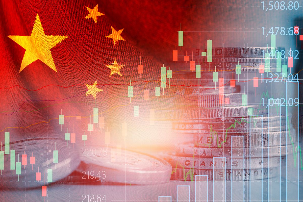 Double,Exposure,Of,China,Flag,On,Coins,Stacking,And,StockDouble exposure of China flag on coins stacking and stock market graph chart .It is symbol of china high growth economy and technology.