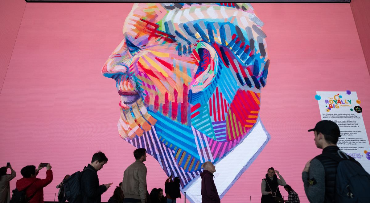 LONDON, ENGLAND - MAY 01: The Royally Big Portrait, a giant digital portrait of King Charles III that features hundreds of thousands of individual portraits of the King drawn by people across the UK, is unveiled at Outernet London on May 01, 2023 in London, England. (Photo by /WireImage)