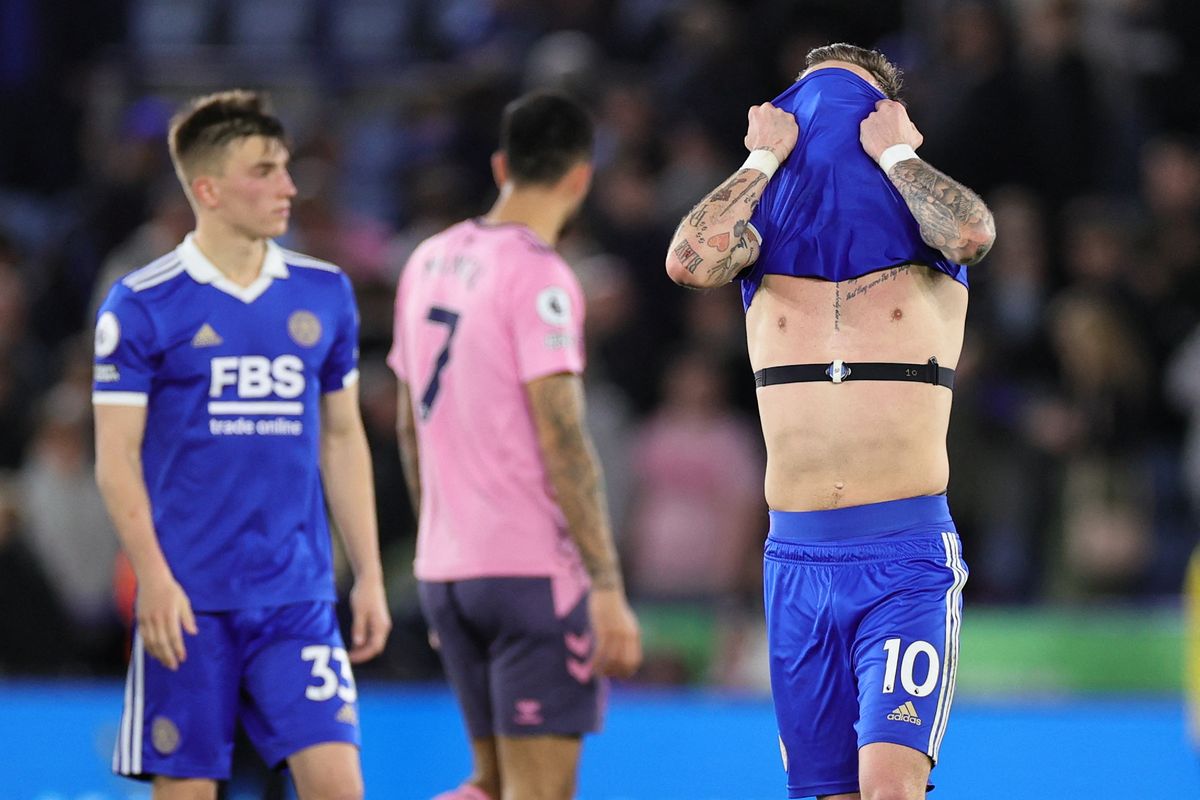 James Maddison of Leicester City covers his face at the final whistle during the Premier League match between Leicester City and Everton at the King Power Stadium, Leicester on Monday 1st May 2023. (Photo by James Holyoak/MI News/NurPhoto) (Photo by MI News / NurPhoto / NurPhoto via AFP)