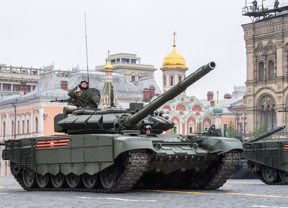 RUSSIA-HISTORY-WWII-MILITARY-PARADE
Russian tanks T-72 B3 roll through Red Square during the Victory Day military parade in downtown Moscow on May 9, 2019. Russia celebrates the 74th anniversary of the victory over Nazi Germany. (Photo by Mladen ANTONOV / AFP)
