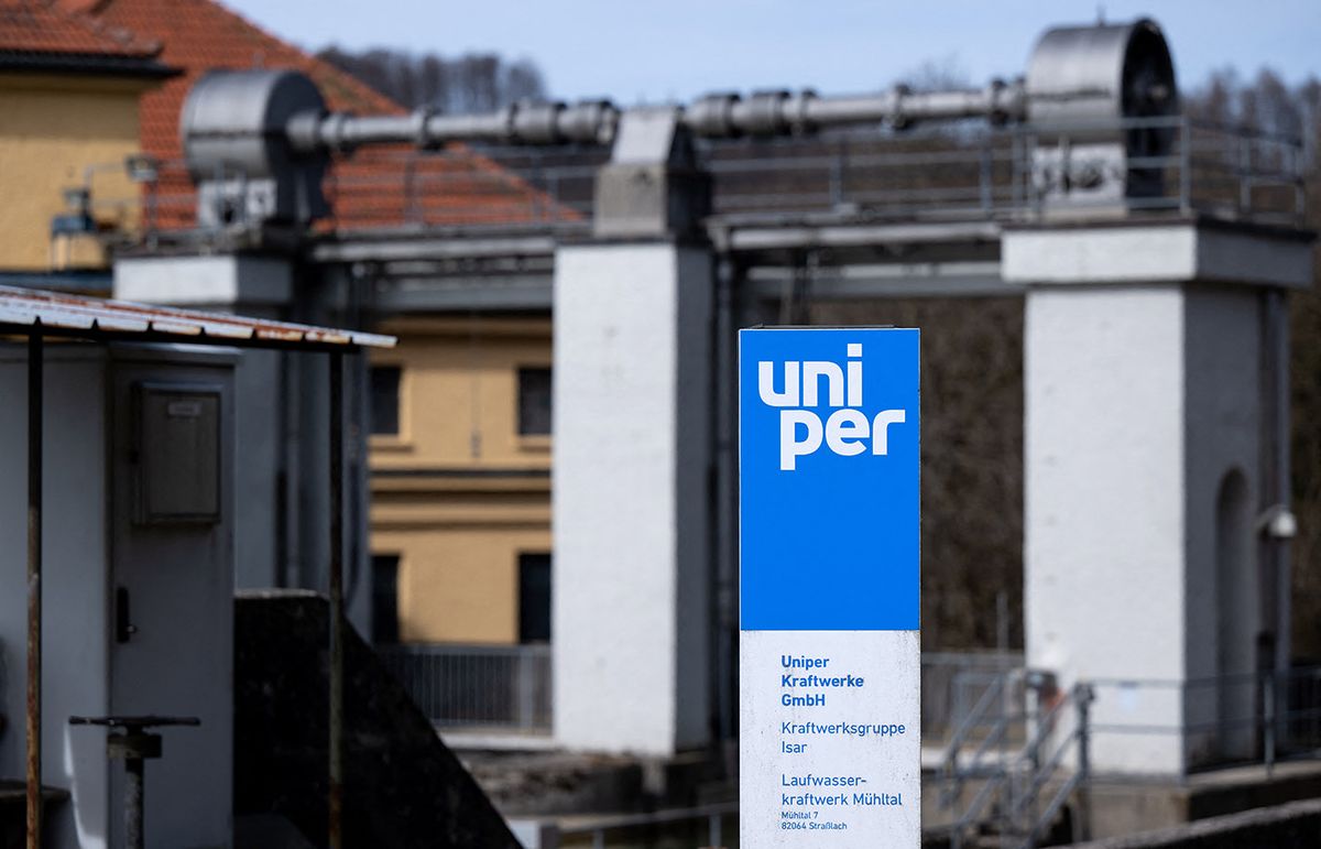 Mühltal hydroelectric power station17 March 2023, Bavaria, Straßlach-Dingharting: A sign with the "uniper" logo stands at the Mühltal hydropower plant on the Isar River. In view of the energy crisis, more than two-thirds of people in Bavaria would like to see more involvement by the state in energy supply, according to a representative survey. Photo: Sven Hoppe/dpa (Photo by SVEN HOPPE / DPA / dpa Picture-Alliance via AFP)
