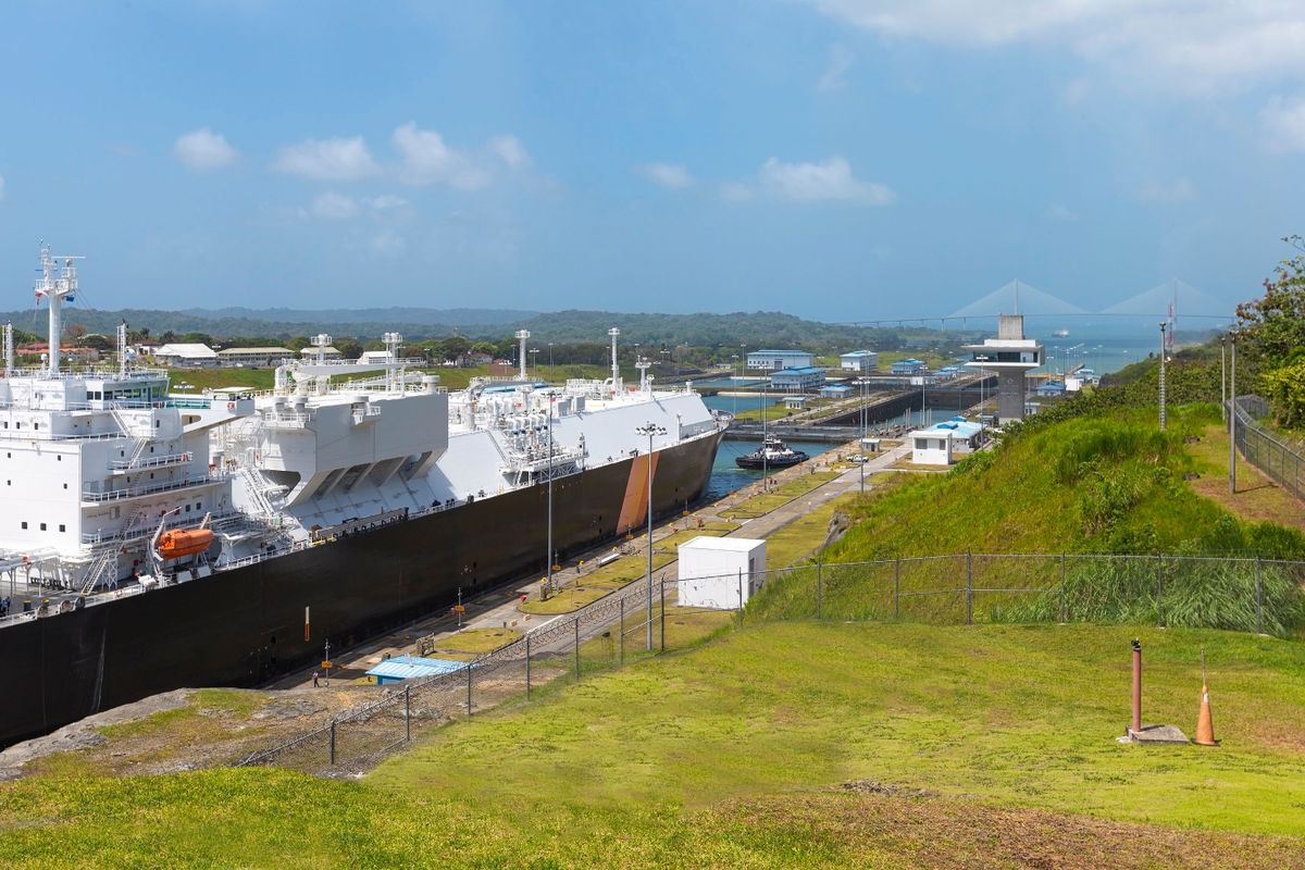 View of Panama Canal. Passage of a ship through the Panama Canal