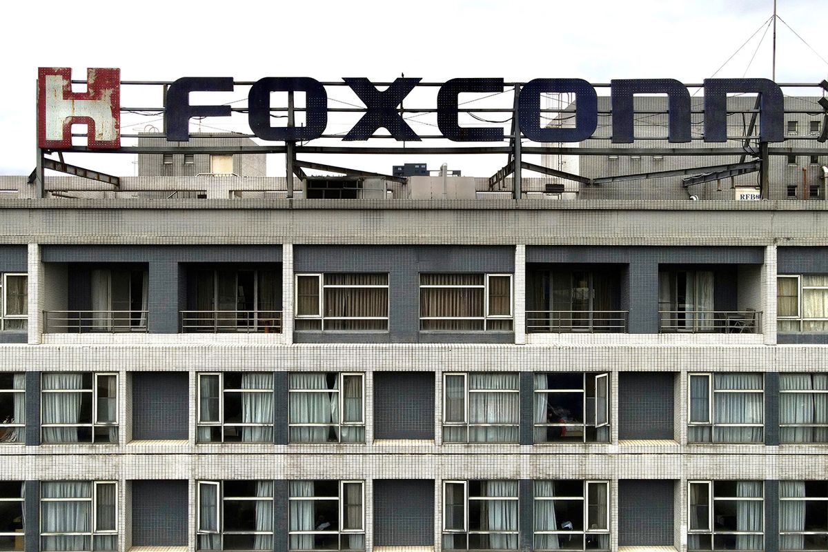 This aerial photo shows a Foxconn logo on a building in Tucheng district, New Taipei City on May 6, 2022. (Photo by Sam Yeh / AFP)