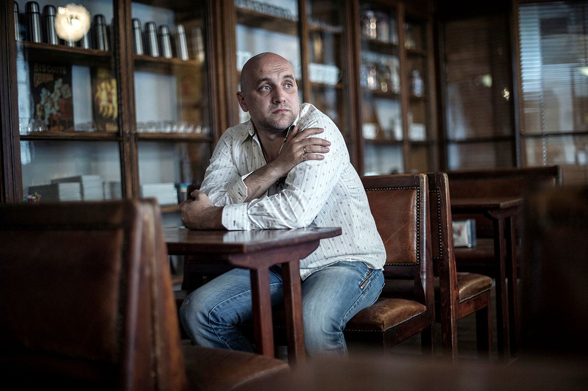 -FRANCE-RUSSIA-LITERATURE-PRILEPINE
TO GO WITH AFP STORY BY DELPHINE THOUVENOTRussian writer, journalist and supporter of The Other Russia Party, Zakhar Prilepine, poses on May 30, 2012, in a Lyon's hotel, eastern France, as part of the "Assises Internationales du Roman" annual literary forum, organized by French daily newspaper Le Monde. Writers, journalists and critics from around the world annually converge on Les Subsistances in Lyon, to browse bookshops, attend round-table criticism talks and hear authors read book extracts.  AFP PHOTO JEFF PACHOUD (Photo by Jeff PACHOUD / AFP)