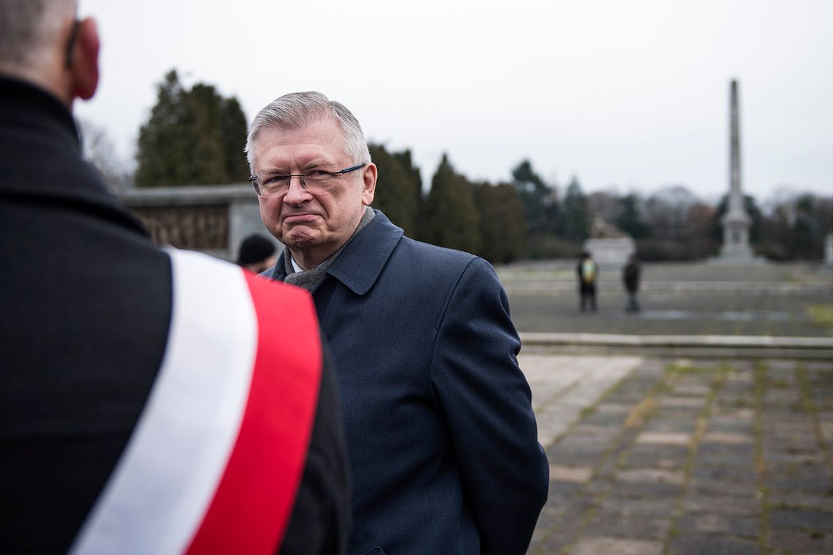 The Russia's ambassador to Poland, Sergey Andreev is seen at
WARSAW, MAZOWIECKIE, POLAND - 2023/01/17: The Russia's ambassador to Poland, Sergey Andreev is seen at the Soviet soldiers cemetery in Warsaw. The Russian ambassador to Poland, Sergey Andreev, laid a wreath at the cemetery of Soviet soldiers in Warsaw on the anniversary of the liberation of the Polish capital from the Nazi German occupation. On January 17, 1945, the Red Army entered Warsaw as the result of an offensive by Soviet troops launched on January 13, 1945 on the front from the Baltic to the Carpathians.After the fall of communism in Poland, the talk of "liberation" by Soviet soldiers slowly ceased and people began to talk about this event as a new occupation or takeover of Poland. (Photo by Attila Husejnow/SOPA Images/LightRocket via Getty Images)