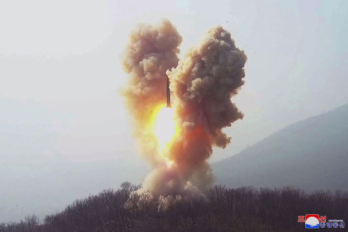 This picture taken on March 19, 2023 and released by North Korea's official Korean Central News Agency (KCNA) on March 20, 2023 shows a warhead missile launch exercise simulating a tactical nuclear attack in Cholsan county, North Pyongan Province. North Korean leader Kim Jong Un led two days of military drills "simulating a nuclear counterattack", including the firing of a ballistic missile carrying a mock nuclear warhead, state news agency KCNA reported on March 20.
