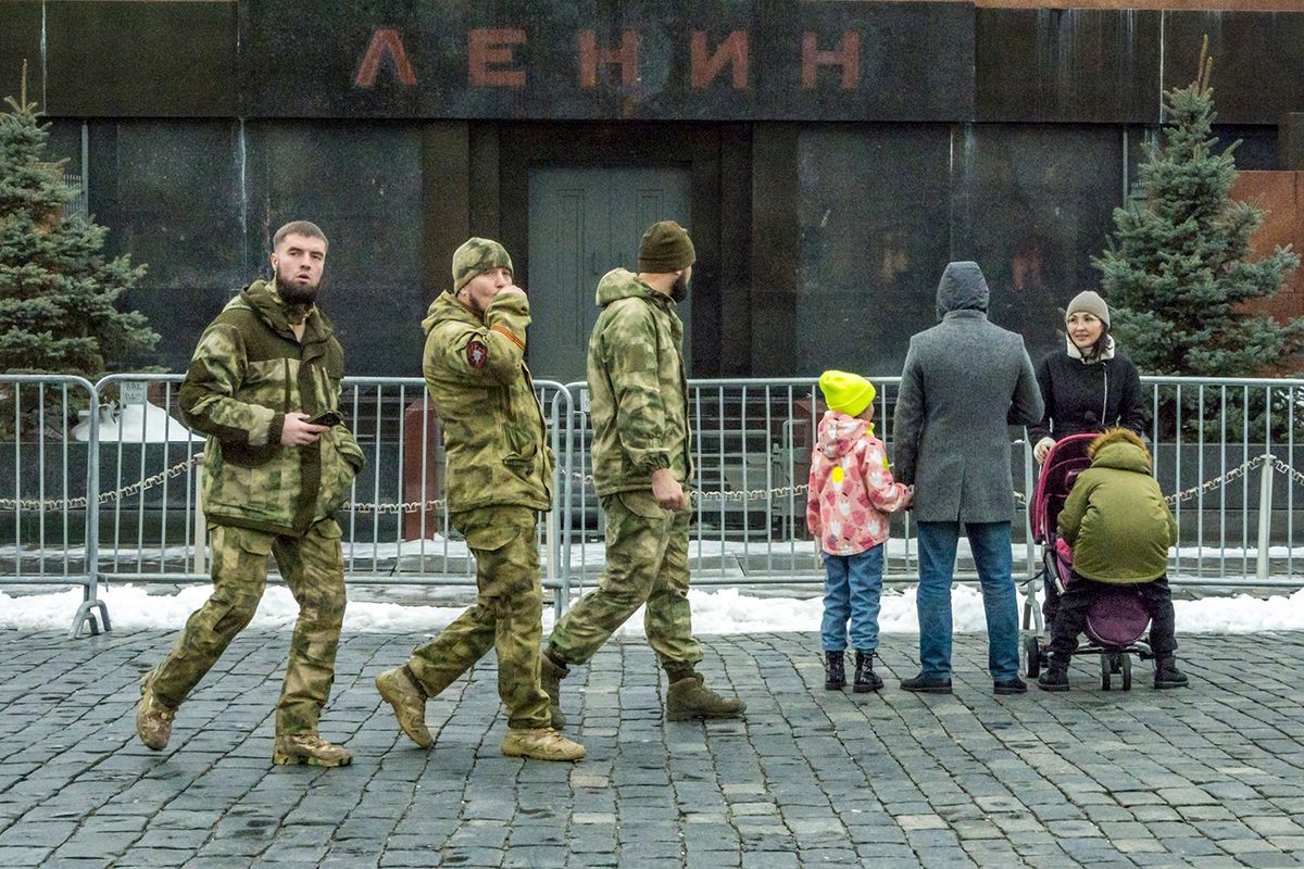 Russia status during the russian invasion of Ukraine.
UKRAINE-CRISIS/

Members of the far right russian paramilitary unit ''Rusich'' take a walk closer to the Lenin Mausoleum in the Kremlin square during a break in their participation in the russian invasion of Ukraine. (Photo by STR/NurPhoto) (Photo by NurPhoto / NurPhoto via AFP)