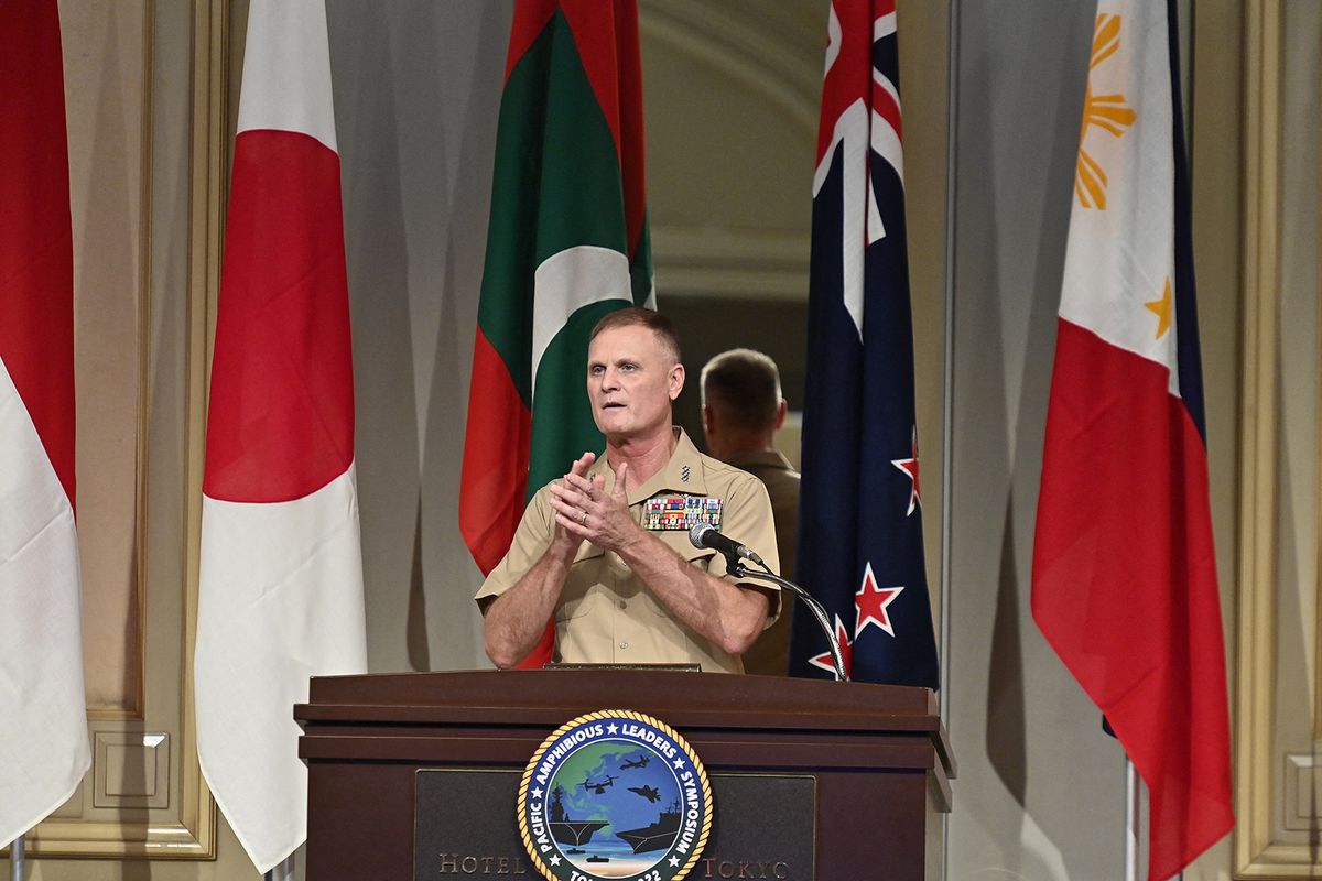 2022 Pacific Amphibious Leaders Symposium TOKYO, JAPAN - JUNE 14 : U.S. Marine Corps Lt. Gen. Steven R. Rudder, commander, U.S. Marine Corps Forces, Pacific, Japan delivers a speech as Senior leaders from 18 militaries, representatives of nations from North America, Asia, South America, Australia, and Europe, allied and partner marine forces, naval infantries and littoral militaries, attends the 2022 Pacific Amphibious Leaders Symposium (PALS22) on June 14, 2022, in Tokyo, Japan, to discuss topics such as developing response measures to unconventional threats, expanding regional interoperability, and force development between security partners, and a safer and more secure Indo-Pacific. David Mareuil / Anadolu Agency (Photo by david mareuil / ANADOLU AGENCY / Anadolu Agency via AFP)