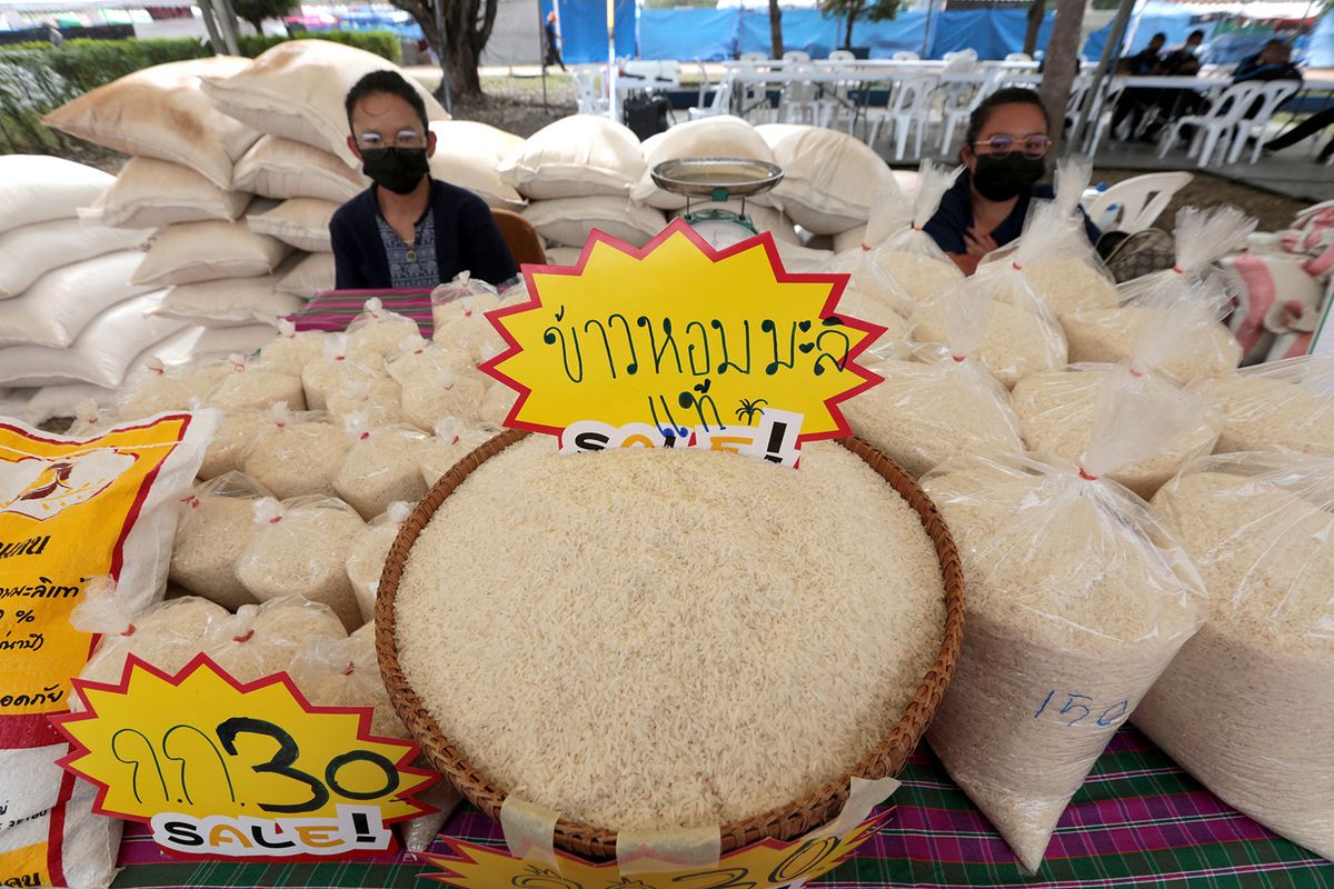 Jasmine rice is put on sale at Tupatemi stadium north of Bangkok on 1 December 2021. The air force has transformed the venue into a temporary market for farmers who are having trouble selling their crops during the pandemic and floods. The market will be open until 7 December 2021. Bangkok Post photo/Chanat Katanyu (Photo by Chanat Katanyu / Bangkok Post / Bangkok Post via AFP)