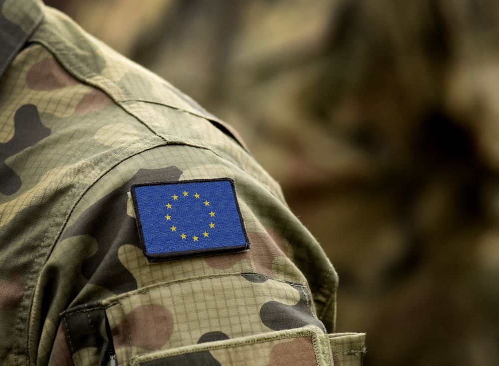 The,Flag,Of,Europe,On,Military,Uniform.,Collage.