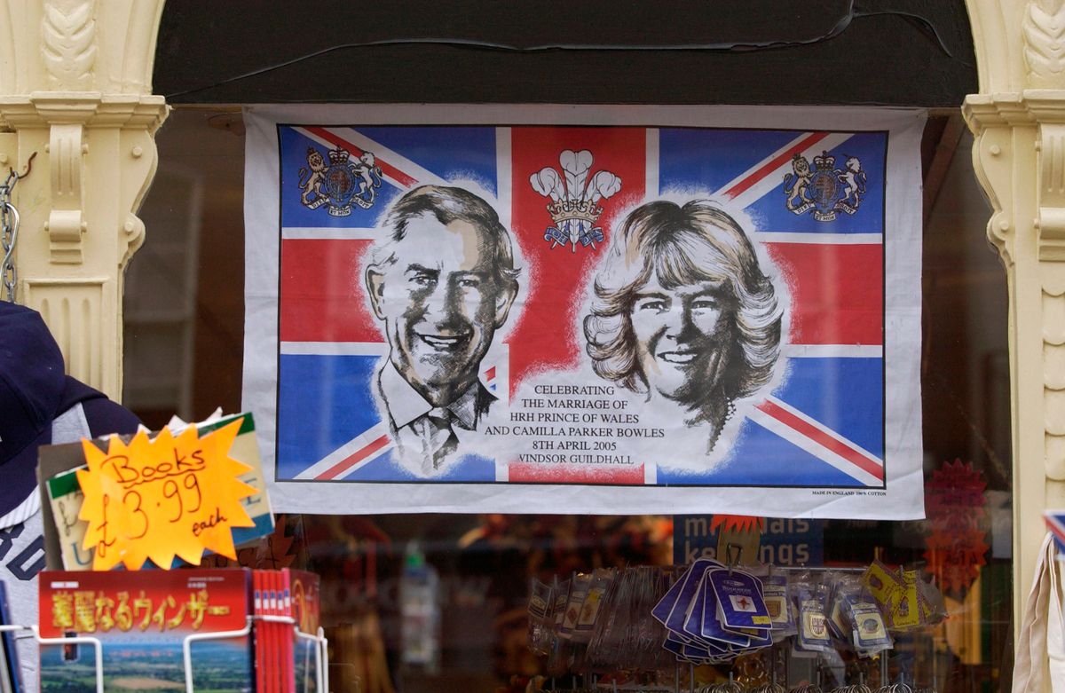 WINDSOR, ENGLAND - MARCH 12:  Tea towel Souvenirs of Prince Charles and Camilla Parker-Bowles on March 
