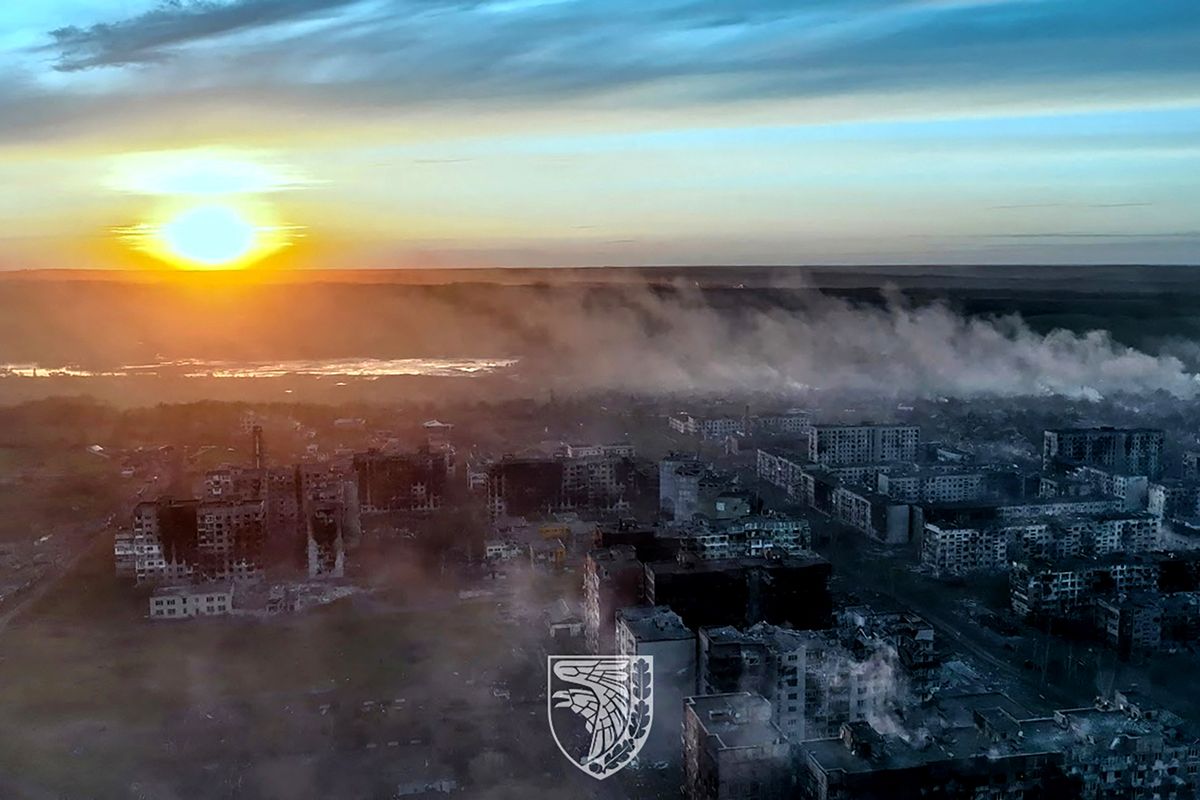 This undated handout aerial footage released on May 21, 2023, by the press service of the 93rd Kholodnyi Yar Mechanized Brigade of the Ukrainian Armed Forces shows destruction in the city of Bakhmut, Donetsk region, amid the Russian invasion of Ukraine. (Photo by Handout / Armed Forces of Ukraine / AFP) / RESTRICTED TO EDITORIAL USE - MANDATORY CREDIT "AFP PHOTO / ARMED FORCES OF UKRAINE" - NO MARKETING NO ADVERTISING CAMPAIGNS - DISTRIBUTED AS A SERVICE TO CLIENTS