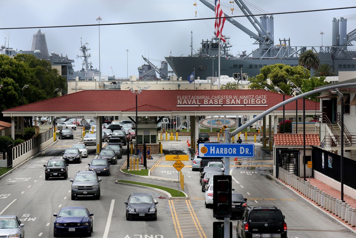 SAN DIEGO, CA - MAY 08:  Cars enter Naval Base San Diego on May 8, 2015 in San Diego, California.  The Pentagon raised the terror threat to Bravo level at U.S. bases, the first time since 2011, due to possible threats from ISIS. 