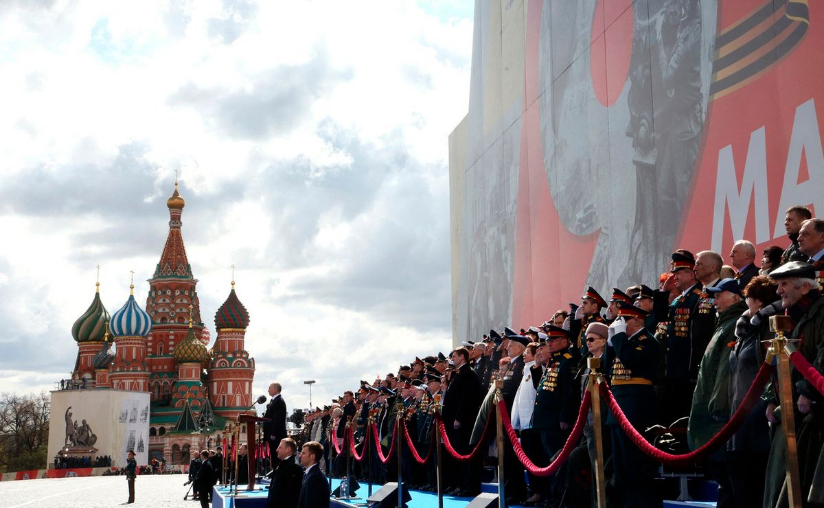 Military parade of the Russian army on Red Square in Moscow on May 9, 2023. Military parade of the Russian army on Red Square in Moscow on May 9, 2023. Vladimir PUTIN (President of Russia) during his speech. Victory Parade on Red Square. Russia's parade to celebrate victory over Nazi Germany. Photo: The Kremlin Moscow via (Photo by The Kremlin Moscow / The Kremlin Moscow / dpa Picture-Alliance via AFP)