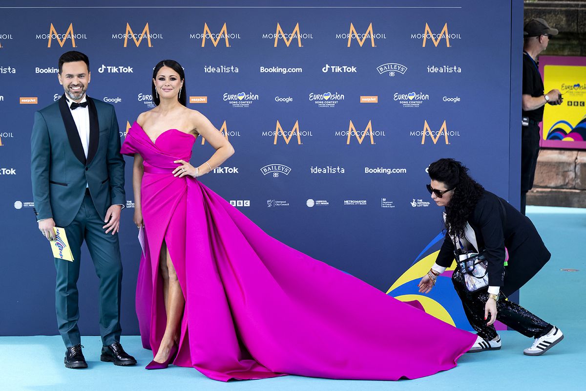 Eurovision Song Contest: Opening Ceremony
LIVERPOOL - Presenters Timur Miroshnychenko and Sam Quek on the turquoise carpet during the opening ceremony of the Eurovision Song Contest at the Walker Art Gallery. ANP SANDER KONING netherlands out - belgium out (Photo by Sander KONING / ANP MAG / ANP via AFP)