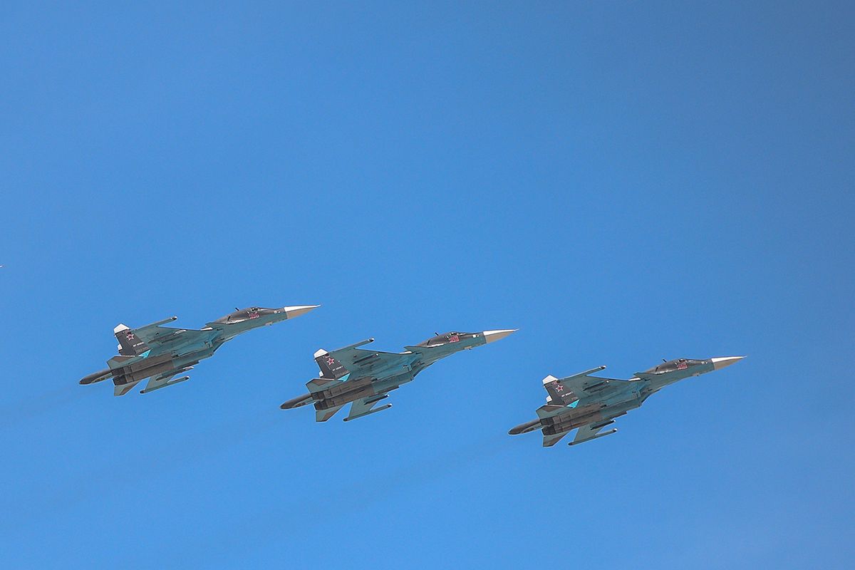 (FILE): Daily Life In Moscow(FILE): Daily Life In Moscow
MOSCOW, RUSSIA - MAY 08, 2015: IRussian Sukhoi Su-34 medium bomber aircraft fly over Moscow's Red Square during the general rehearsal for the Victory Day in Moscow (Photo by Artur Widak/NurPhoto) (Photo by Artur Widak / NurPhoto / NurPhoto via AFP)