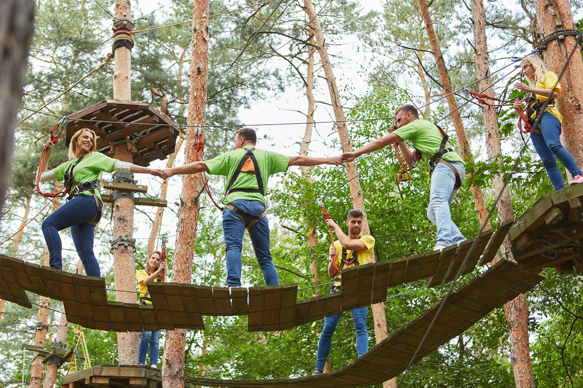 Group,Climbing,In,The,High,Ropes,Course,As,A,Team
