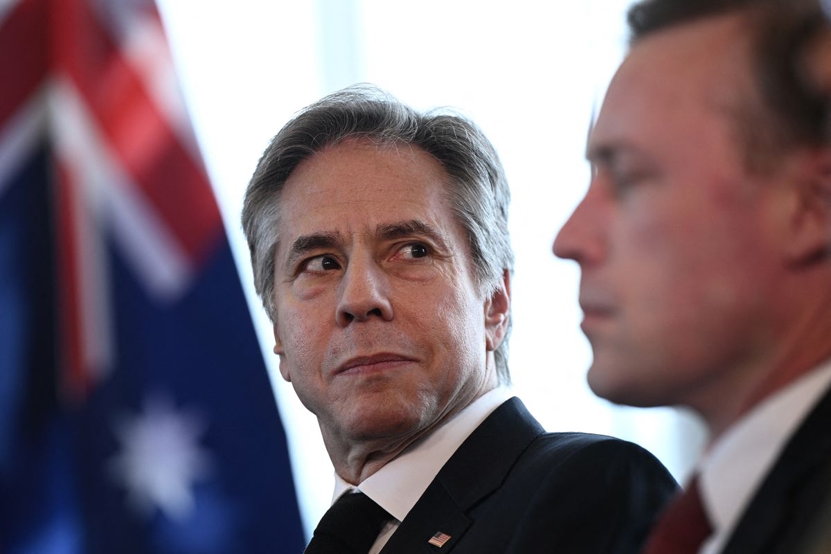 US Secretary of State Antony Blinken (L) and US National Security Advisor Jake Sullivan attend a bilateral meeting with US President Joe Biden and Australia's Prime Minister Anthony Albanese as part of the G7 Leaders' Summit in Hiroshima on May 20, 2023. 