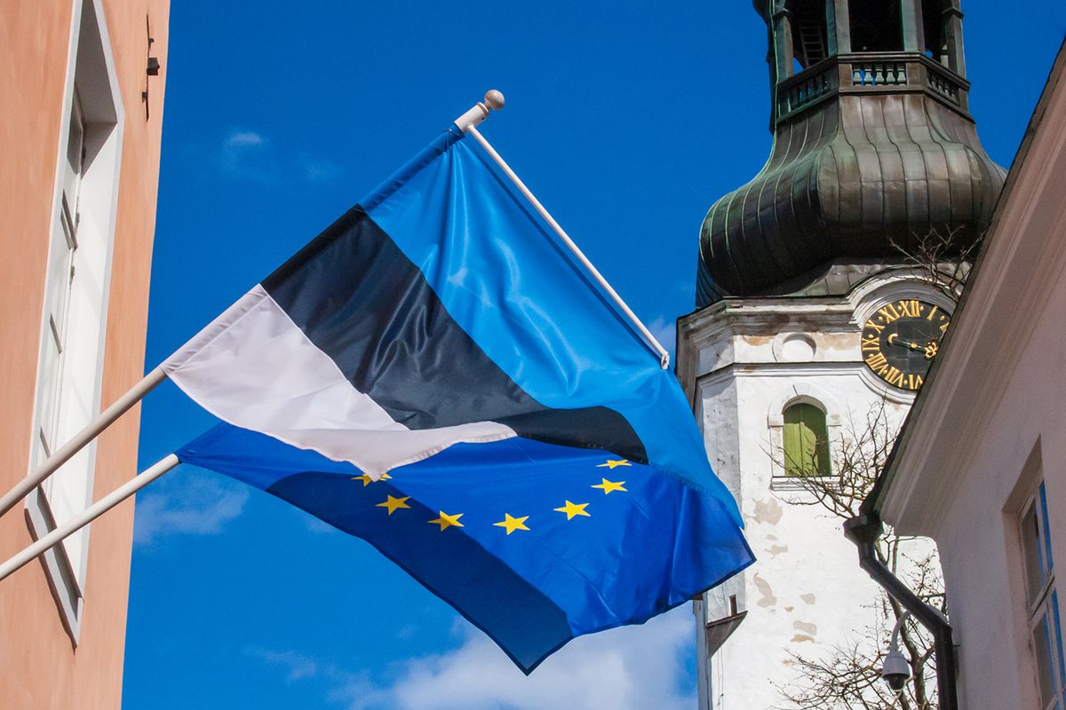 Flag,Of,European,Union,And,Estonia,Waving,Together,In,The