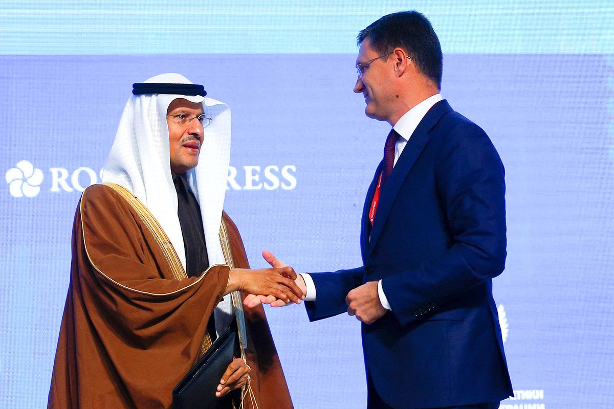 Russian Energy Week International Forum in Moscow
MOSCOW, RUSSIA - OCTOBER 03 : Minister of Energy of Russia, Alexander Novak (R) shakes hands with Saudi Arabia's Energy Minister, Prince Abdulaziz bin Salman (L) at the end of the plenary session titled ''Maintaining Energy Connectivity in an Unstable World" as part of the Russian Energy Week 2019 International Forum at the Manege Central Exhibition Hall in Moscow, Russia on October 03, 2019. Sefa Karacan / Anadolu Agency (Photo by SEFA KARACAN / ANADOLU AGENCY / Anadolu Agency via AFP)