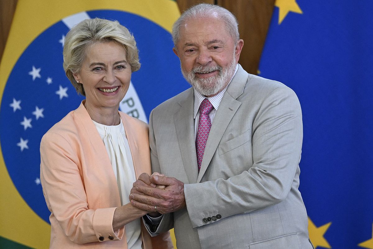 European Commission President Ursula Von Der Leyen in BrazilEuropean Commission President Ursula Von Der Leyen in BrazilBRASILIA, BRAZIL - JUN 12 - The President of Brazil, Luiz Inacio Lula da Silva, and the President of the European Commission, Ursula von der Leyen, react during a press statement at the Planalto Palace in Brasilia, Brazil, June 12, 2023. Mateus Bonomi / Anadolu Agency (Photo by Mateus Bonomi / ANADOLU AGENCY / Anadolu Agency via AFP)