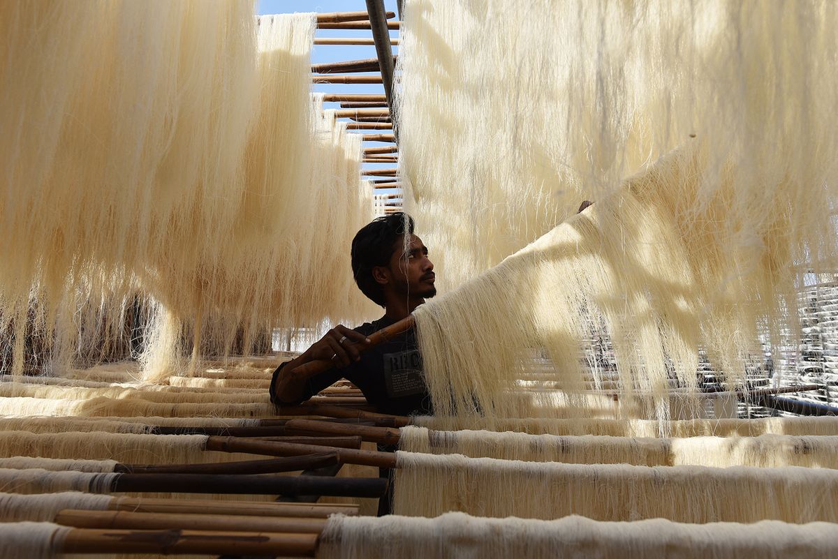 Ramadan preparations in India's Prayagraj
PRAYAGRAJ, INDIA - MARCH 23: Indian worker prepares vermicelli, which is used to make traditional sweet dishes popularly consumed during the holy month of Ramadan, at a factory in Prayagraj, northern state of Uttar Pradesh, India, on March 23, 2023. Amar Deep Sharma / Anadolu Agency (Photo by Amar Deep Sharma / ANADOLU AGENCY / Anadolu Agency via AFP)