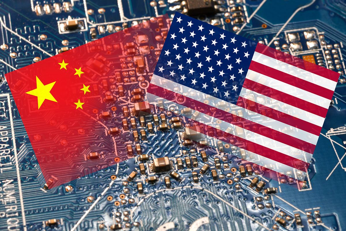 Flag,Of,The,Republic,Of,China,And,The,United,States
Flag of the Republic of China and the United States on microchips of a printed electronic board. Concept for world supremacy in microchip and semiconductor manufacturing.