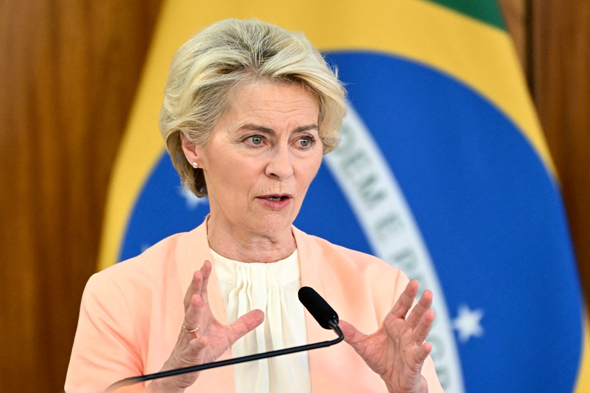 European Commission President Ursula Von Der Leyen gives a joint statement with Brazilian President Luiz Inacio Lula da Silva (out of frame) after their meeting at Planalto Palace in Brasilia, on June 12, 2023. Von Der Leyen is on a tour of Latin America where she will visit Argentina, Chile and Mexico. (Photo by EVARISTO SA / AFP)