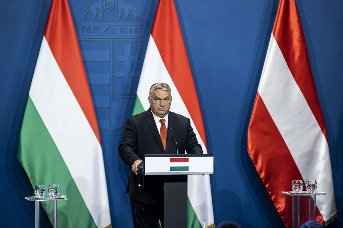Hungary's Prime Minister Orban - Serbia's President Vucic - Austria's Chancellor NehammerHungary's Prime Minister Orban-Serbia's President Vucic-AustBUDAPEST, HUNGARY - OCTOBER 03: Hungary's Prime Minister Viktor Orban attends a press conference with the Serbian President and the Austrian Chancellor in Budapest on October 03, 2022. Hungary's parliament is likely to approve Monday the first of more than a dozen anti-corruption measures that the government has vowed to implement to unlock billions of euros in European Union funds. Arpad Kurucz / Anadolu Agency (Photo by Arpad Kurucz / ANADOLU AGENCY / Anadolu Agency via AFP)