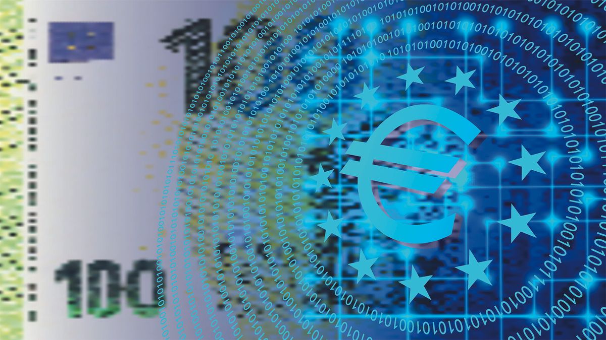 3d volumetric financial digital symbol of the euro against the background of a pixelated turbid banknote of 100 euros 3d volumetric financial digital symbol of the euro against the background of a pixelated turbid banknote of 100 euros