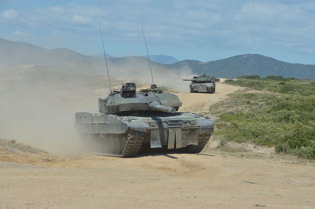 German Army Leopard 2A7V Main Battle Tanks During Exercise Nobel Jump 2023German Army Leopard 2A7V Main Battle Tanks During Exercise Nobel Jump 2023May 5, 2023, Capo Teulada, Sardinia, Italy: German Army Leopard 2A7V main battle tanks with the Panzerbataillon 393 armor battalion conduct tactical maneuvers during NATO Exercise Nobel Jump 2023 at the Capo Teulada Training Area, May 5, 2023 in Capo Teulada, Sardinia, Italy. (Credit Image: © Msgt Carl Schulze/Nato Command/Planet Pix via ZUMA Press Wire)