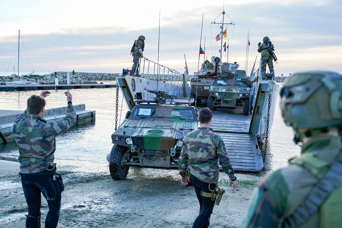 FRANCE - EXERCISE ORION 2023
France, Frontignan, 2023-02-26. Amphibious landing of elements of the 6th Light Armoured Brigade (BLB) in the port of Frontignan, within the framework of exercise ORION 23. Armoured vehicles (AMX 10 RC, and VBL) and soldiers of the French Army are disembarked by an infantry and tank landing craft (CDIC) from a French Navy ship (Transport de chalands de debarquement - TCD) anchored offshore. Photograph by Frederic Petry / Hans Lucas.France, Frontignan, 2023-02-26. Debarquement amphibie des elements de la 6eme Brigade Legere Blindee (BLB) dans le port de Frontignan, dans le cadre de l’exercice ORION 23. Des engins blindes (AMX 10 RC et VBL) et des militaires de l’armee de Terre sont debarques par un chaland de debarquement d infanterie et de chars (CDIC) en provenance d’un navire de la marine nationale (Transport de chalands de debarquement - TCD) mouillant au large. Photographie de Frederic Petry / Hans Lucas. (Photo by Frederic Petry / Hans Lucas / Hans Lucas via AFP)