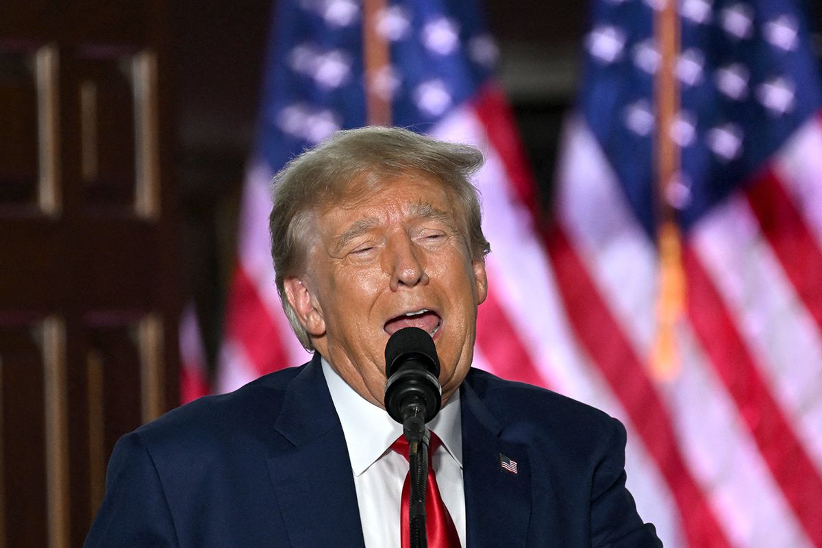 Former US President Donald Trump delivers remarks at Trump National Golf Club Bedminster in Bedminster, New Jersey, on June 13, 2023. Trump appeared in court in Miami for an arraignment regarding 37 federal charges, including violations of the Espionage Act, making false statements, and conspiracy regarding his mishandling of classified material after leaving office. (Photo by Ed JONES / AFP)