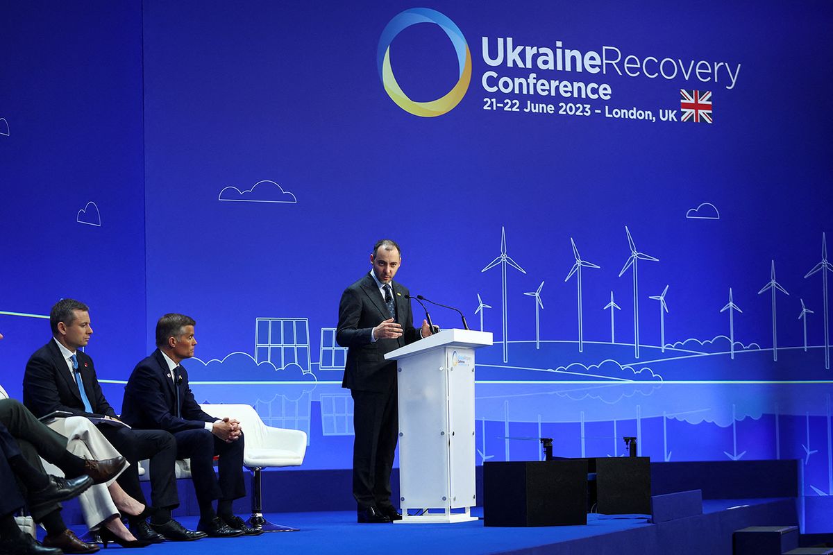 BRITAIN-UKRAINE-RUSSIA-CONFLICT-RECONSTRUCTION-CONFERENCE
Ukraine's Infrastructure Minister Oleksandr Kubrakov, addresses the opening session on the first day of the Ukraine Recovery Conference in London on June 21, 2023. Leaders and representatives from more than 60 countries are in London for a two-day conference to secure funding to help Ukraine recover from the ravages of war. (Photo by HANNAH MCKAY / POOL / AFP)