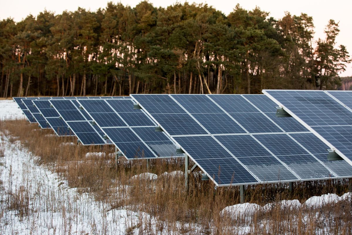 Lakie, Lubusz Voivodeship, Poland — December 25 2021: Photovoltaic power plant containing solar panels located in Lakie, Lubusz Voivodeship, Poland.