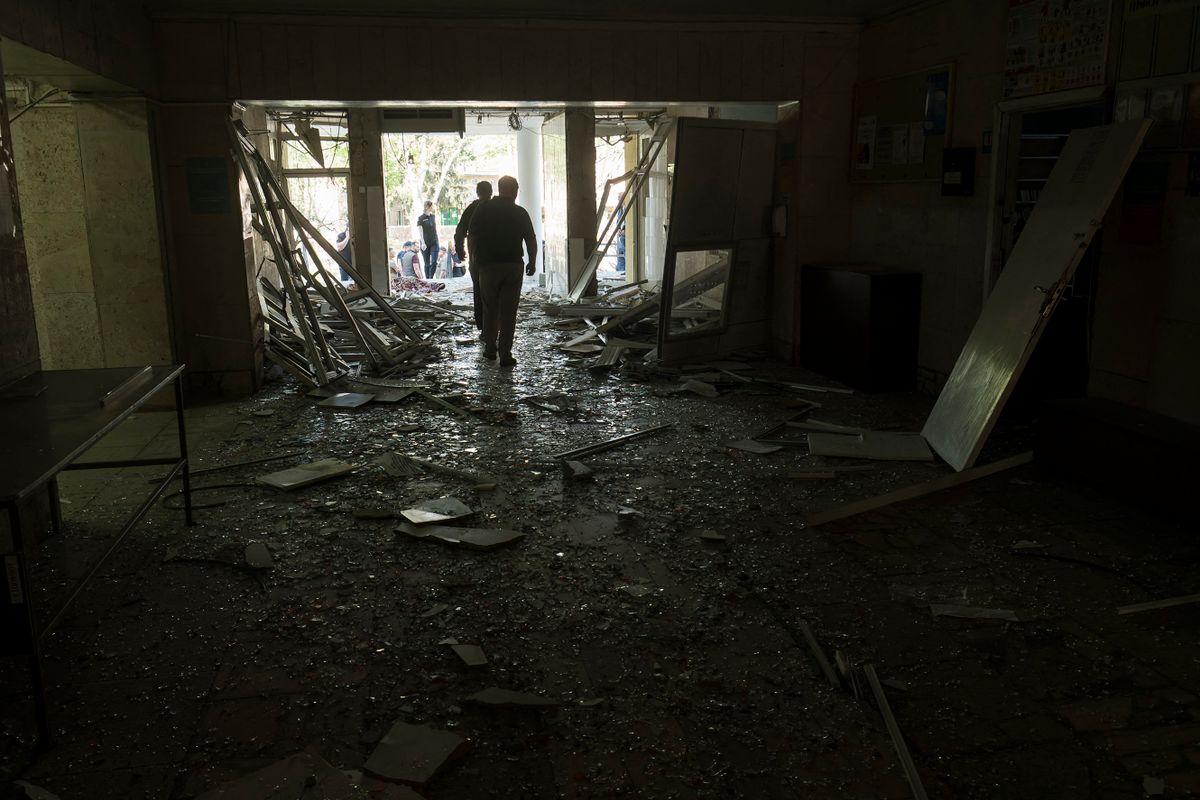 Internal view of the building of a municipal clinic damaged in a Russian missile strike in Kyiv, Ukraine June 1, 2023