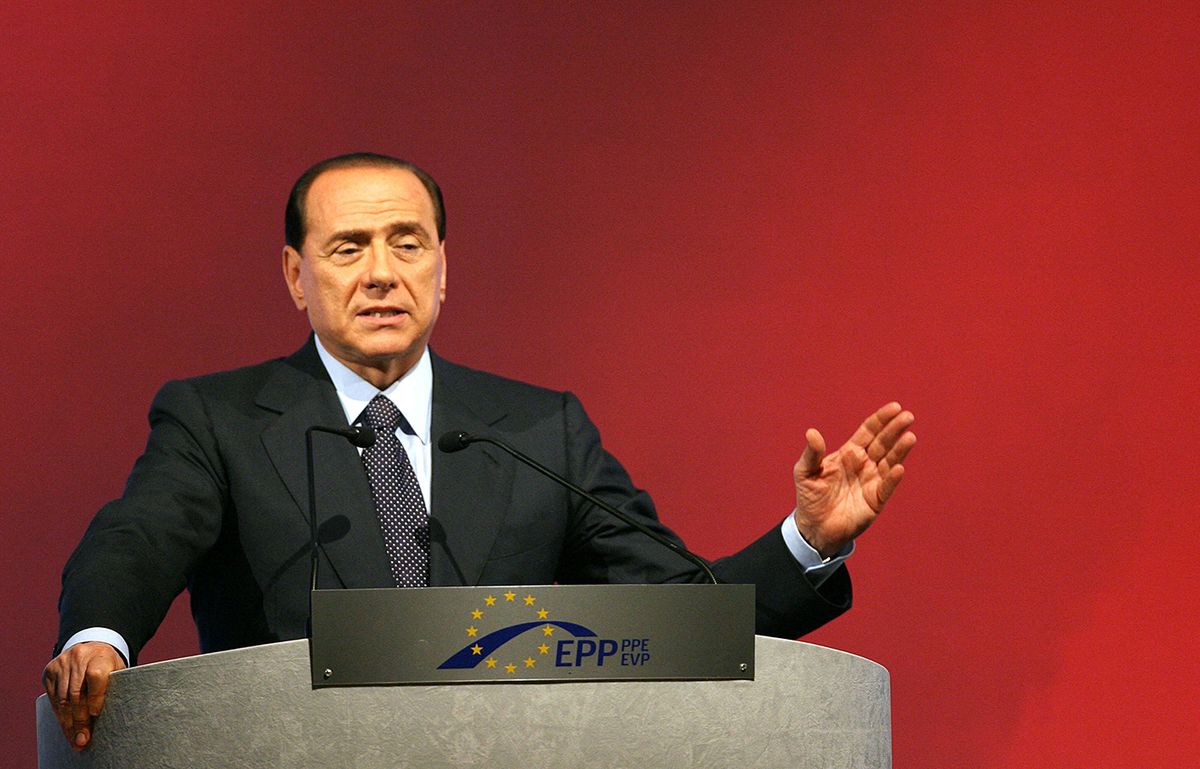 FILES-ITALY-EU-EPP(FILES) Italian Prime Minister Silvio Berlusconi gives a speech during the annual congress of the European People's Party (EPP), 30 March 2006 in Rome. European Christian Democrats extended their support for embattled Italian Prime Minister Silvio Berlusconi, who faces a tough fight in a general election next week. Italian ex-prime minister Silvio Berlusconi died at age 86. (Photo by Alberto PIZZOLI / AFP)