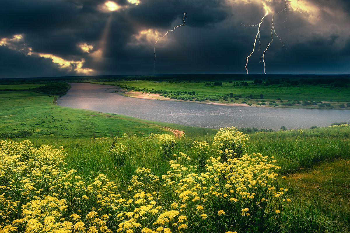 Summer,Thunderstorm,Over,The,Lightning,River,Top,View,Yellow,Meadow