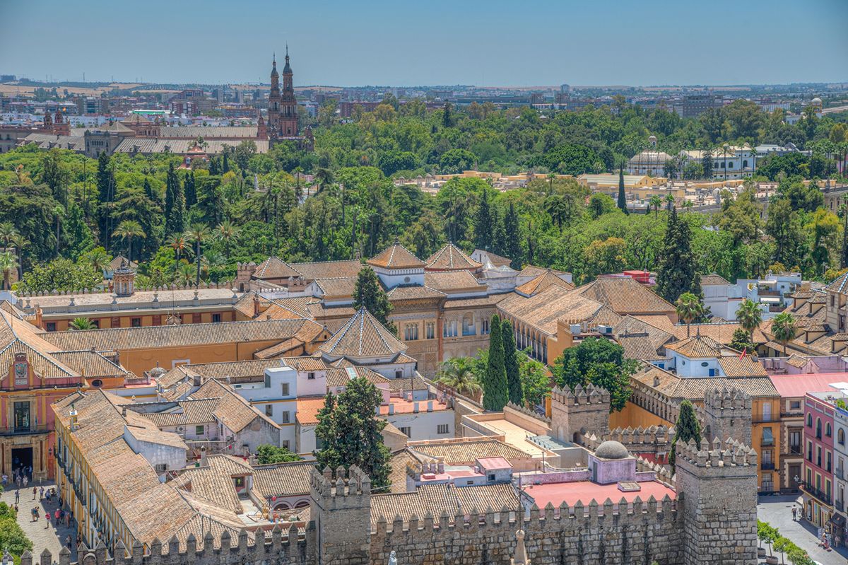 Aerial,View,Of,Real,Alcazar,De,Sevilla,From,La,GiraldaAerial view of Real Alcazar de Sevilla from la giralda tower, Spain