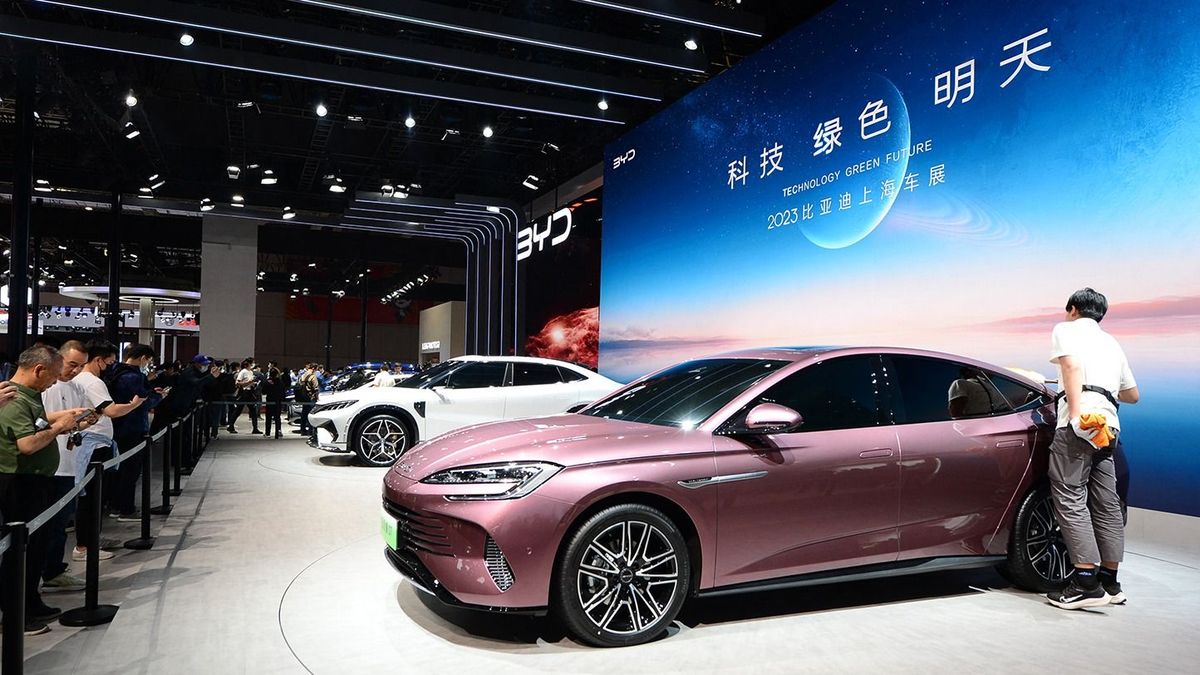 2023 Shanghai Auto Show BYD
SHANGHAI, CHINA - APRIL 21, 2023 - A crowd gathers at the stand of Chinese brand BYD at the 2023 Shanghai Auto Show in Shanghai, China, April 21, 2023. In addition to the much-watched YANGWANG U8 and U9, BYD also showcased new cars such as the Destroyer 07, Seagulls and the Song L concept car. (Photo by Costfoto/NurPhoto) (Photo by CFOTO / NurPhoto / NurPhoto via AFP)